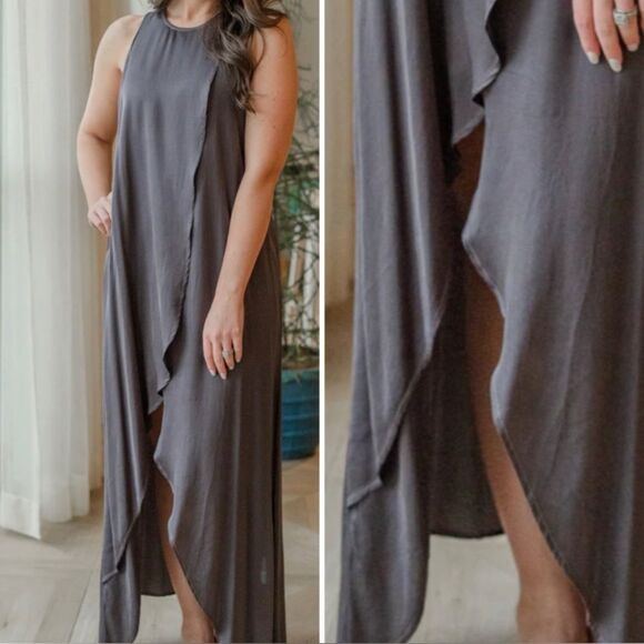STARKx Women's Gray Tulip Midi Dress Sleeveless Asymmetrical Hi-low Hem S - Picture 1 of 11
